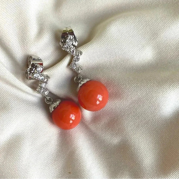 Pink Coral Gemstone Bead & Cubic Zirconia Designer Silverplated Earring Set - Picture 1 of 7